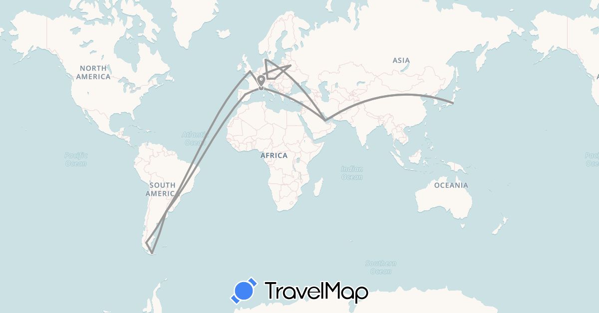 TravelMap itinerary: driving, plane in Argentina, Austria, Belarus, Germany, Denmark, Spain, France, United Kingdom, Japan, Qatar (Asia, Europe, South America)